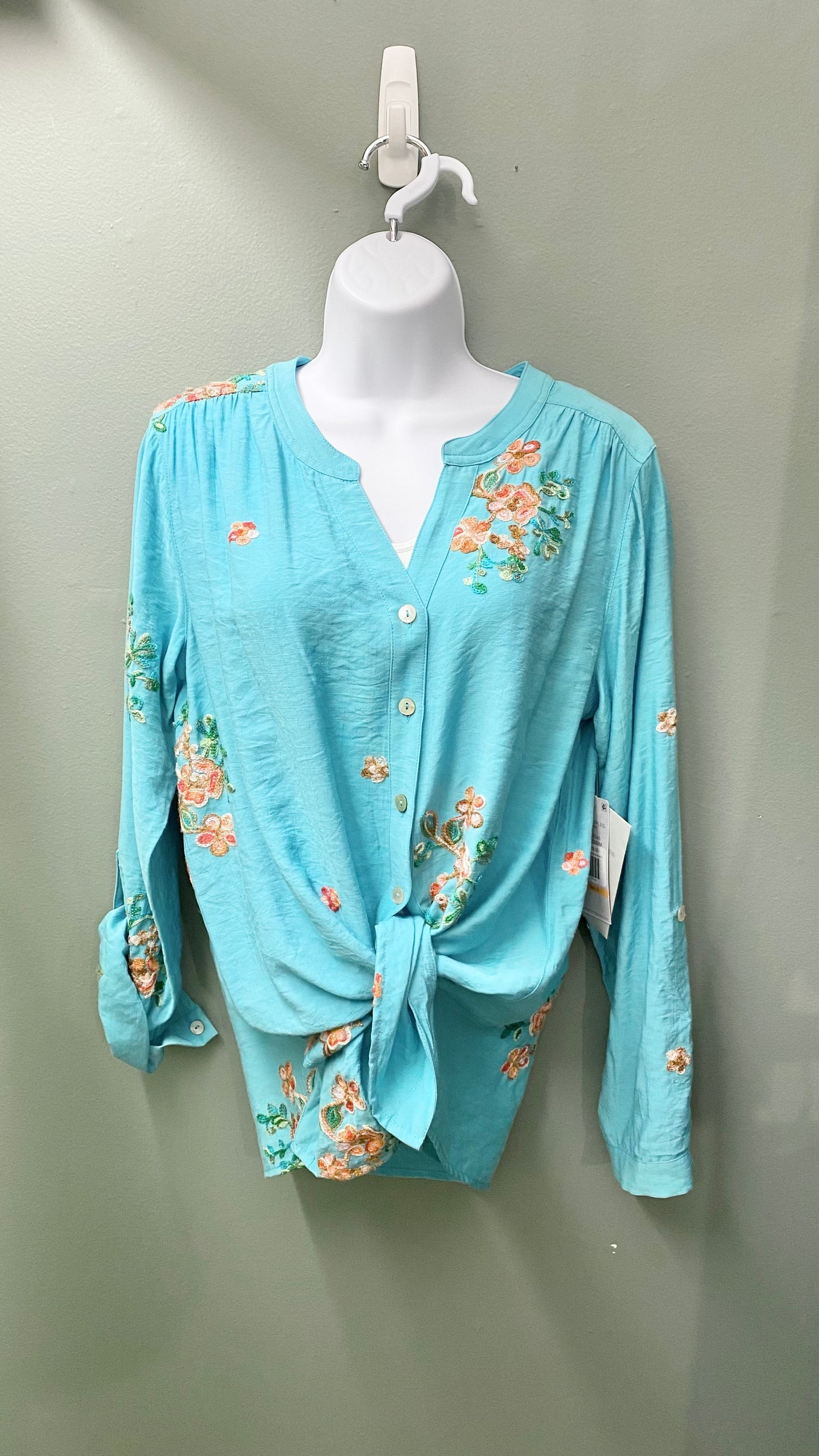 Multiples Embroidered Tie-Front Top