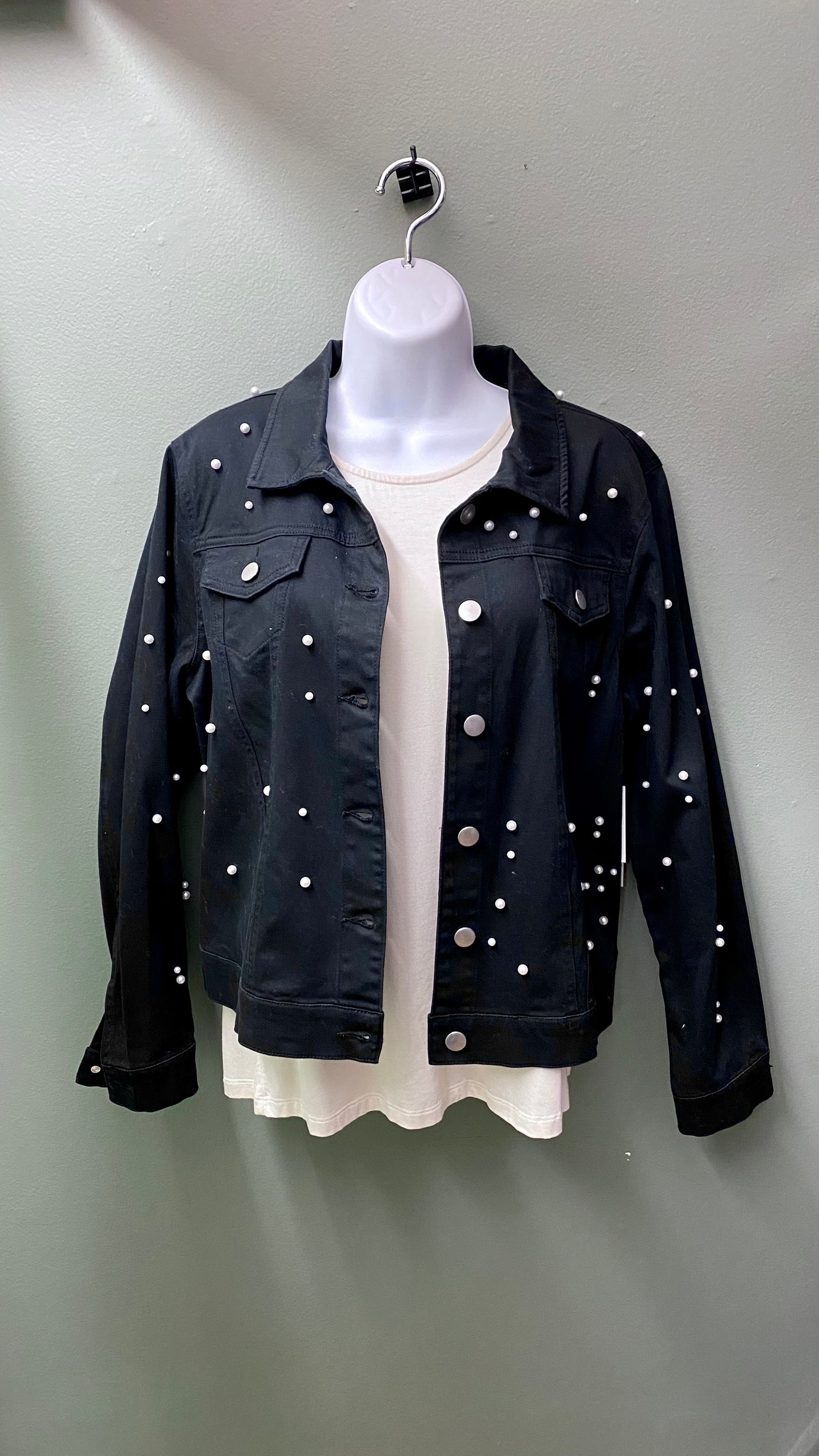 Multiples Black Jean Jacket with Pearl Accents