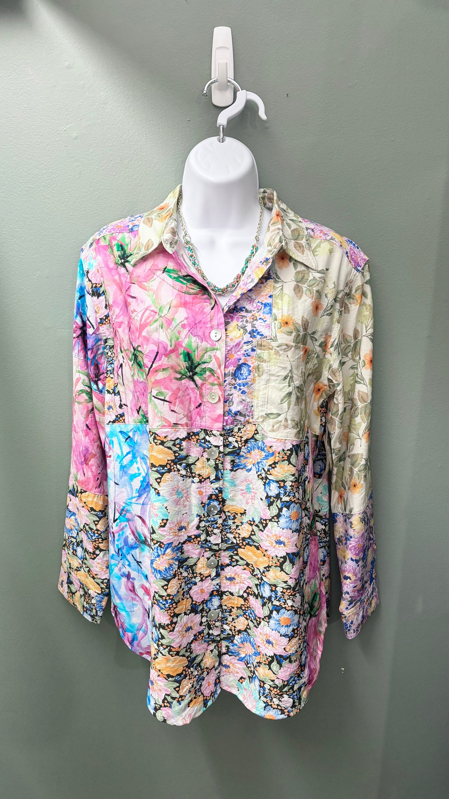 Tru Luxe Patch Print Button Up Top