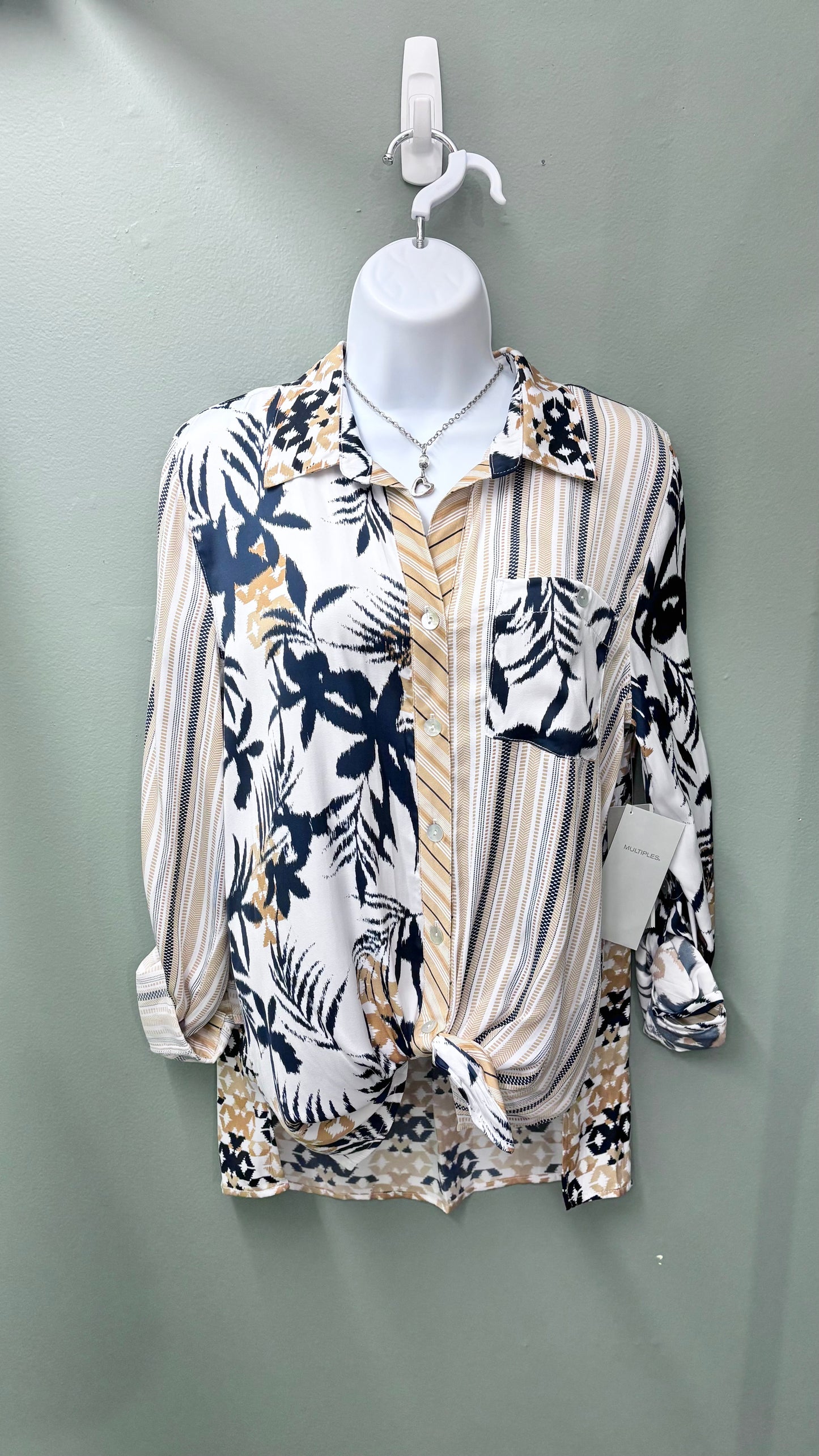 Multiples Roll Tab Sleeve with Tie Front Top