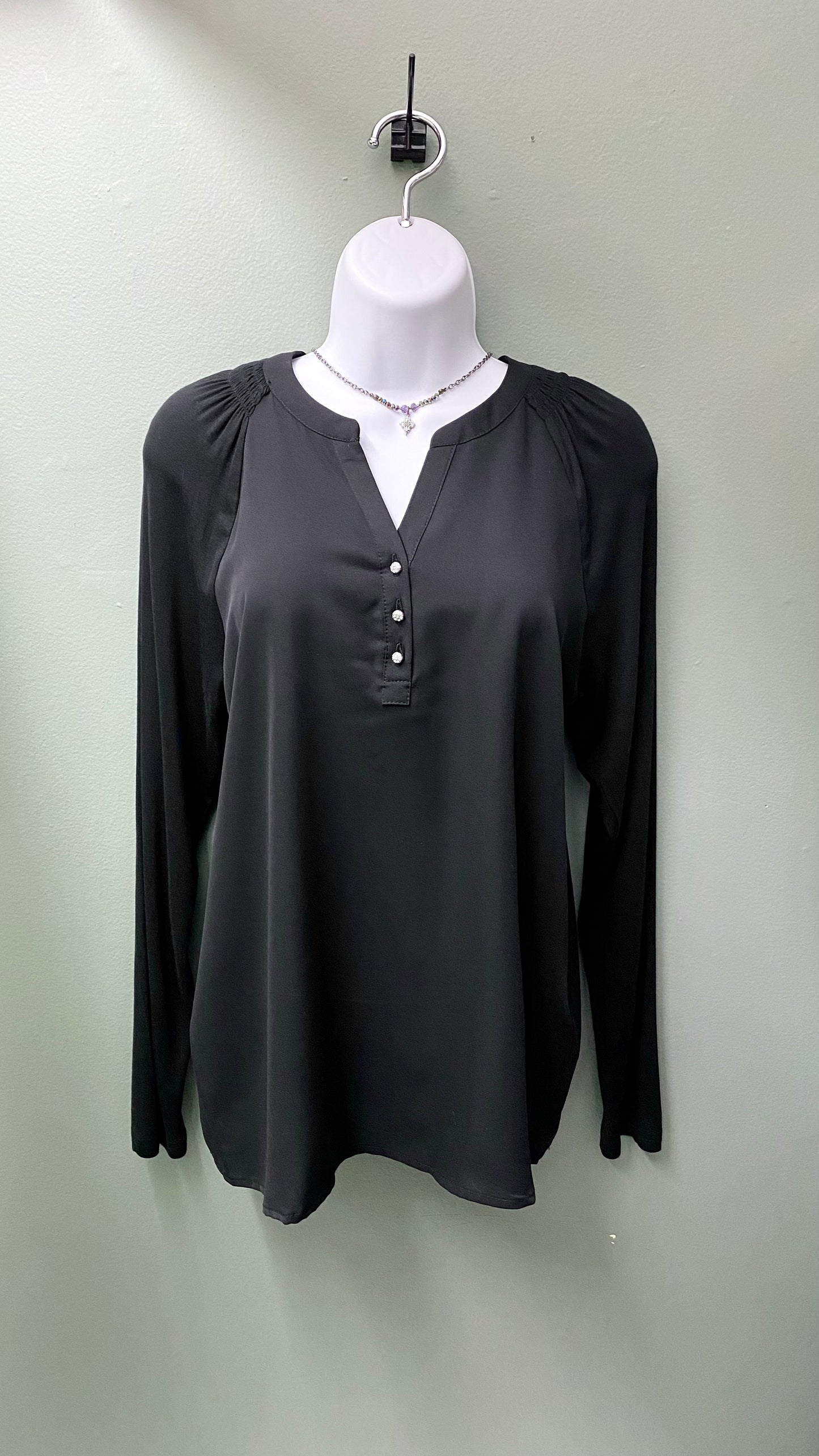 Soya Black Blouse with Rhinestone Buttons