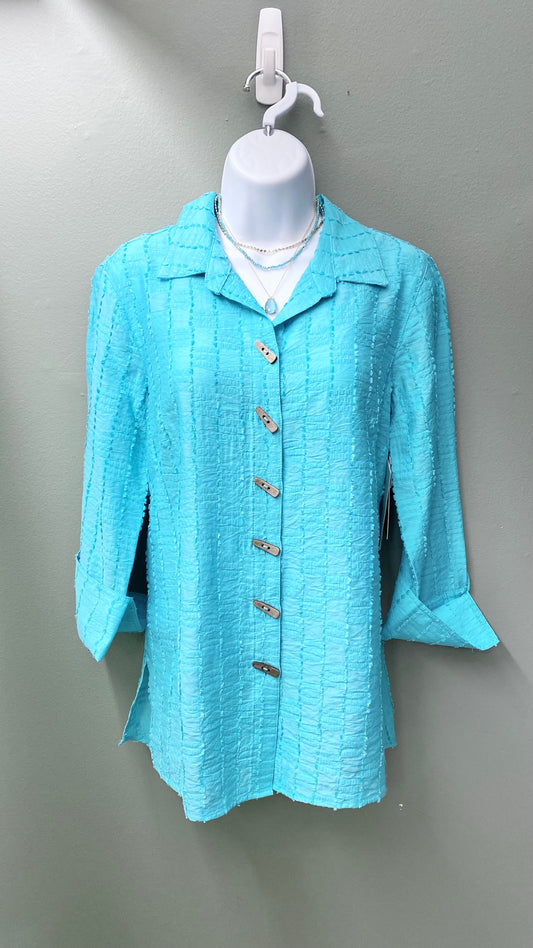 Multiples Aqua Button Front Hi-Lo Top