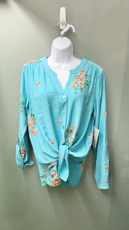 Multiples Embroidered Tie-Front Top