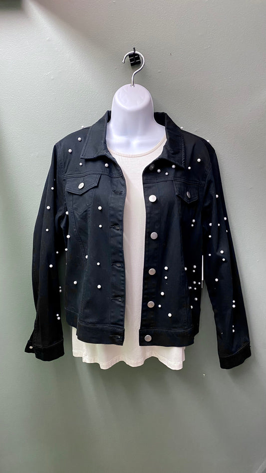 Multiples Black Jean Jacket with Pearl Accents